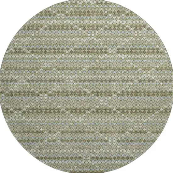8' X 8' Artichoke Green And Ivory Geometric Washable Round Rug With UV Protection Photo 3