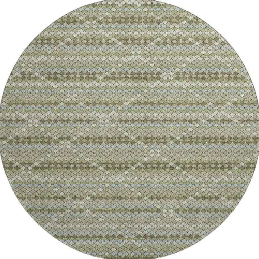 8' X 8' Artichoke Green And Ivory Geometric Washable Round Rug With UV Protection Photo 3