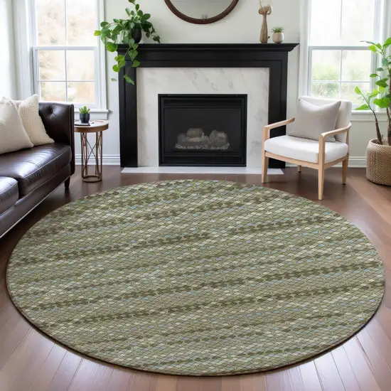 8' X 8' Artichoke Green And Ivory Geometric Washable Round Rug With UV Protection Photo 4