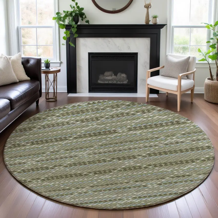 8' X 8' Artichoke Green And Ivory Geometric Washable Round Rug With UV Protection Photo 4