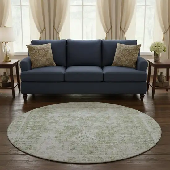 8' X 8' Artichoke Green And Ivory Oriental Washable Round Rug With UV Protection Photo 2