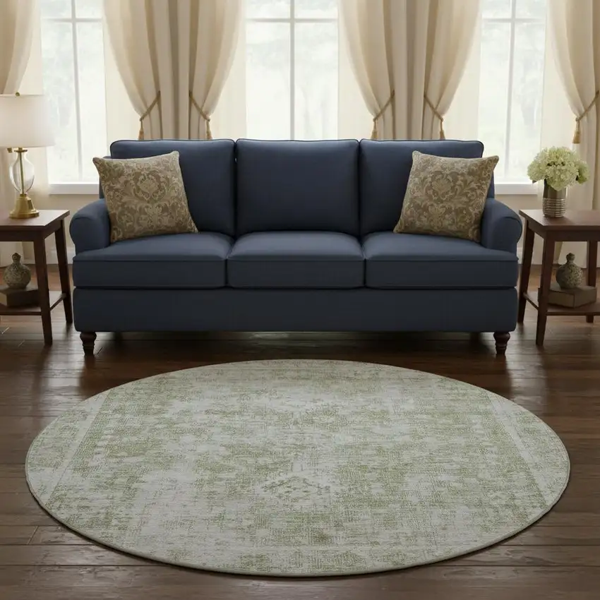 8' X 8' Artichoke Green And Ivory Oriental Washable Round Rug With UV Protection Photo 2