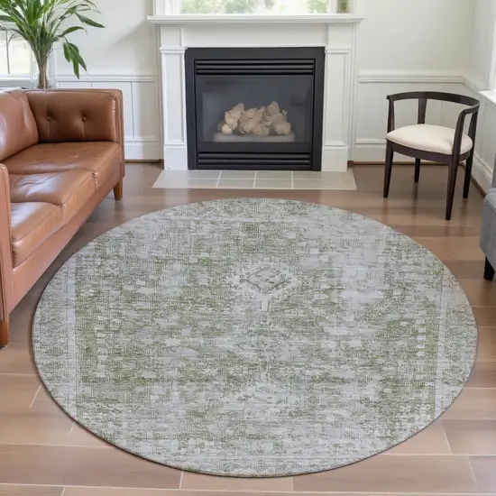 8' X 8' Artichoke Green And Ivory Oriental Washable Round Rug With UV Protection Photo 4