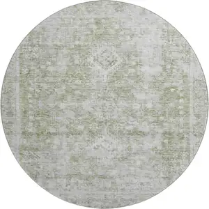 Photo of 8' X 8' Artichoke Green And Ivory Oriental Washable Round Rug With UV Protection