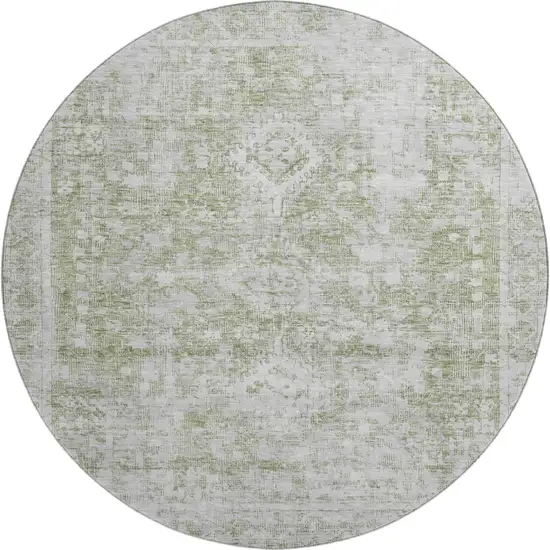 8' X 8' Artichoke Green And Ivory Oriental Washable Round Rug With UV Protection Photo 1