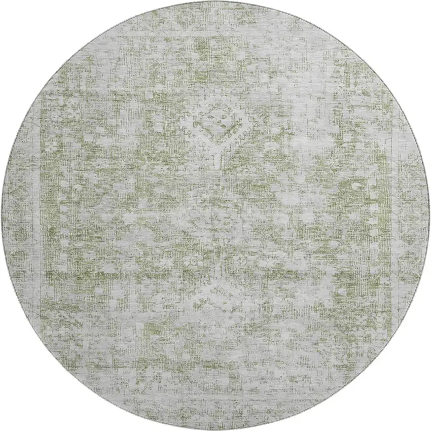 8' X 8' Artichoke Green And Ivory Oriental Washable Round Rug With UV Protection Photo 1