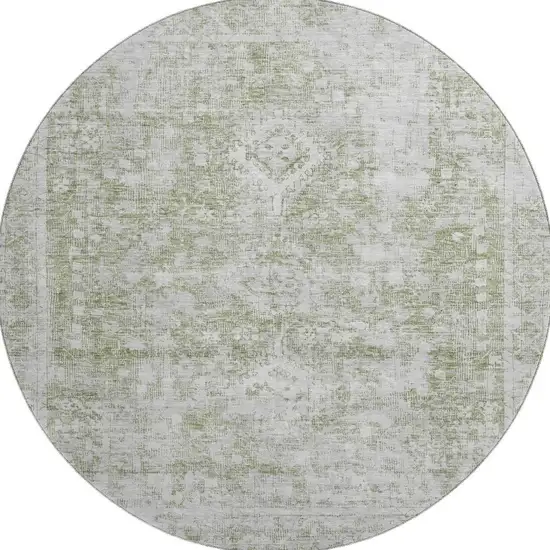 8' X 8' Artichoke Green And Ivory Oriental Washable Round Rug With UV Protection Photo 3