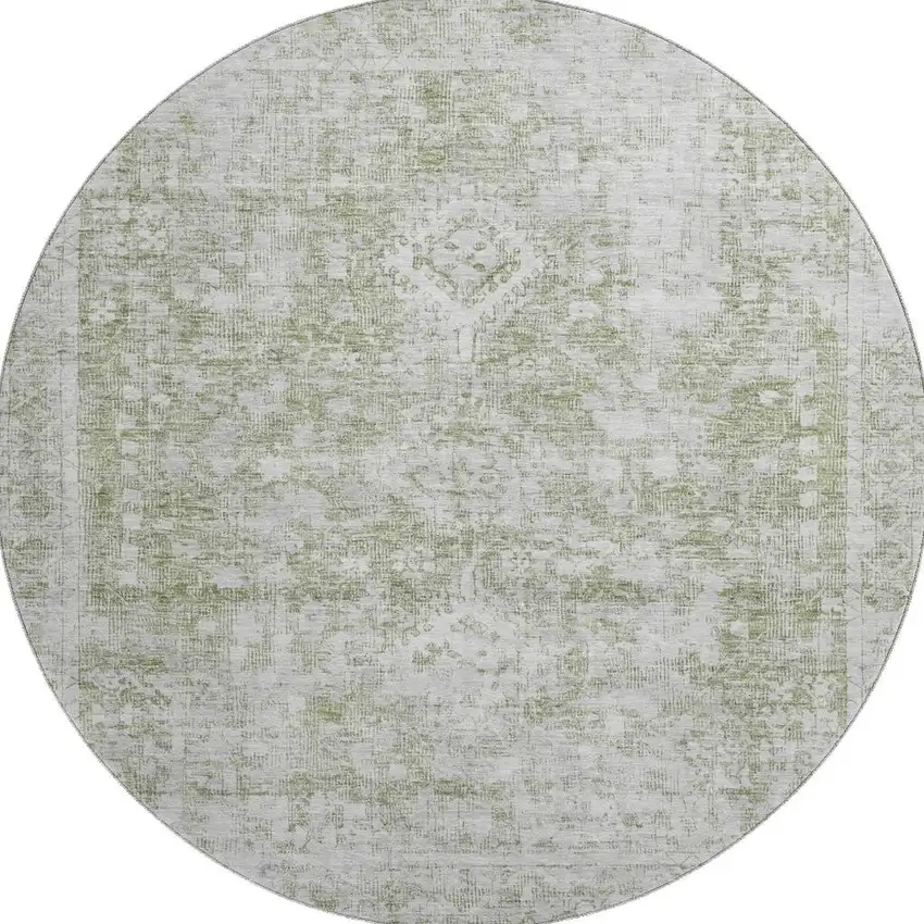 8' X 8' Artichoke Green And Ivory Oriental Washable Round Rug With UV Protection Photo 3