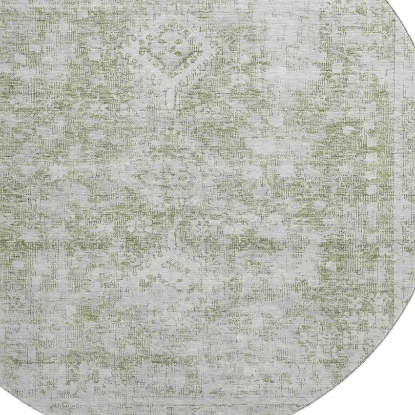 8' X 8' Artichoke Green And Ivory Oriental Washable Round Rug With UV Protection Photo 2