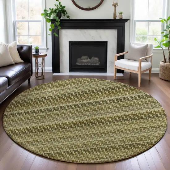 8' X 8' Artichoke Green Beige And Gray Striped Washable Round Rug With UV Protection Photo 4