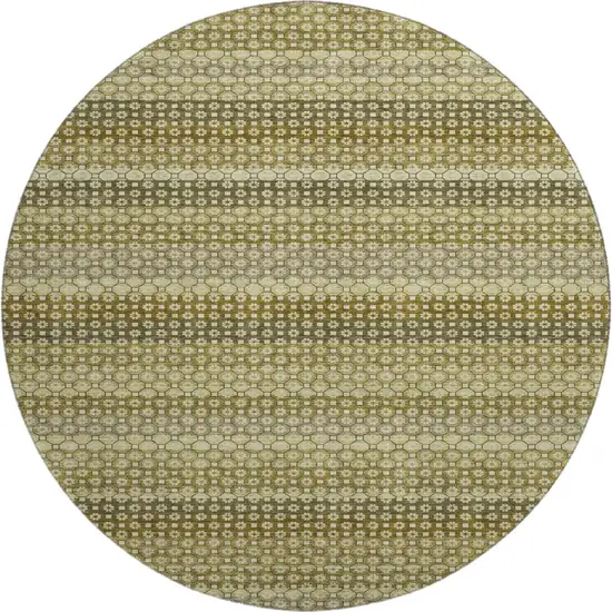 8' X 8' Artichoke Green Beige And Gray Striped Washable Round Rug With UV Protection Photo 1