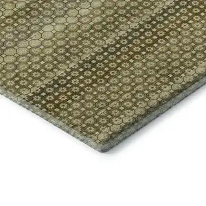 Photo of 8' X 8' Artichoke Green Beige And Gray Striped Washable Round Rug With UV Protection