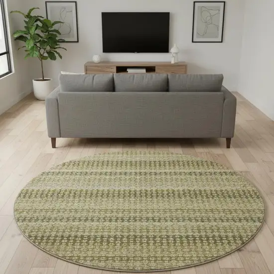 8' X 8' Artichoke Green Beige And Gray Striped Washable Round Rug With UV Protection Photo 2