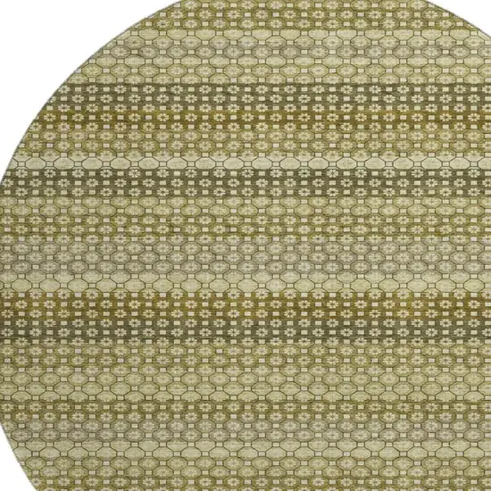 8' X 8' Artichoke Green Beige And Gray Striped Washable Round Rug With UV Protection Photo 2