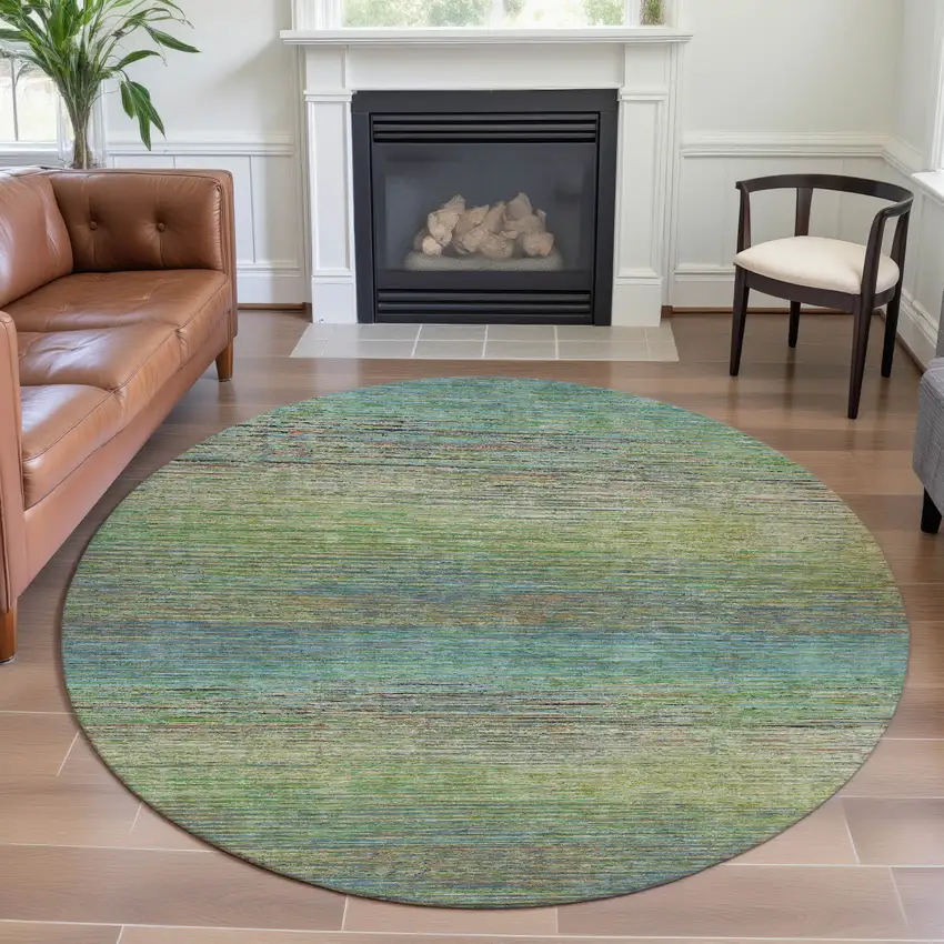 8' X 8' Artichoke Green Blue And Copper Striped Washable Round Rug With UV Protection Photo 4