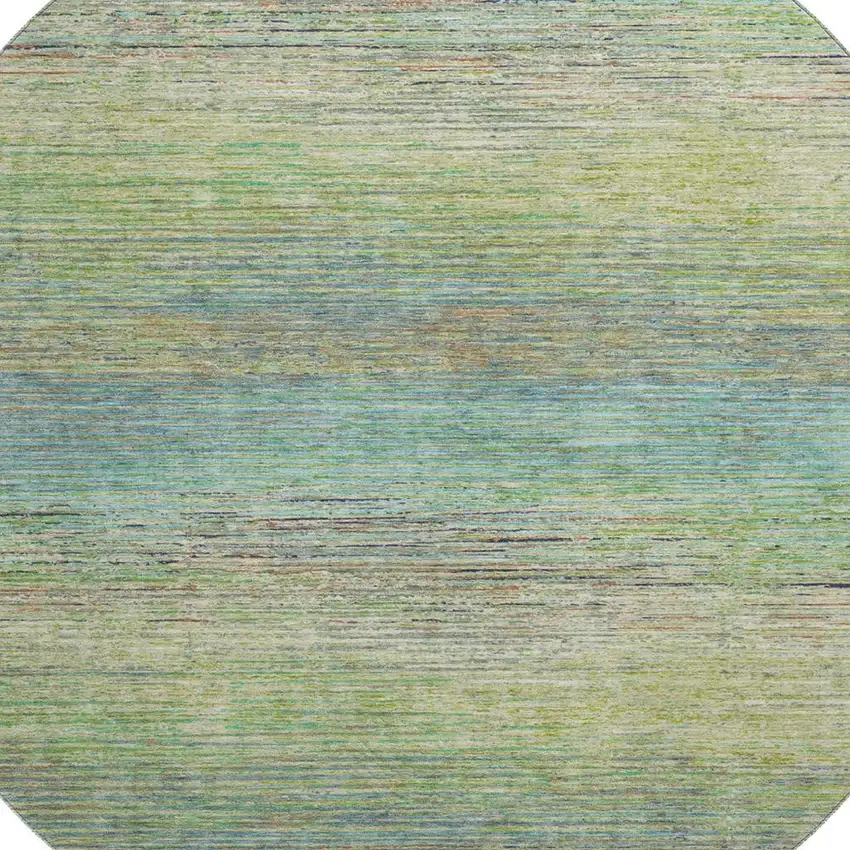 8' X 8' Artichoke Green Blue And Copper Striped Washable Round Rug With UV Protection Photo 2