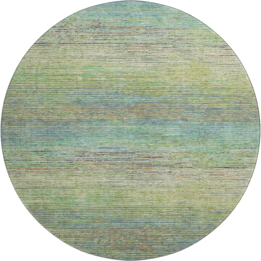 8' X 8' Artichoke Green Blue And Copper Striped Washable Round Rug With UV Protection Photo 1