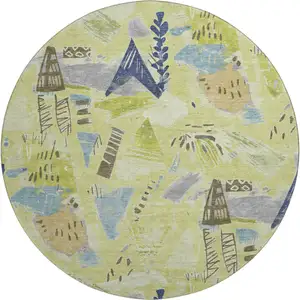 Photo of 8' X 8' Artichoke Green Blue And Green Geometric Washable Round Rug With UV Protection
