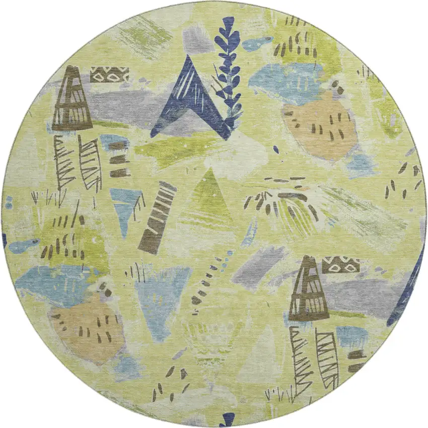 8' X 8' Artichoke Green Blue And Green Geometric Washable Round Rug With UV Protection Photo 1