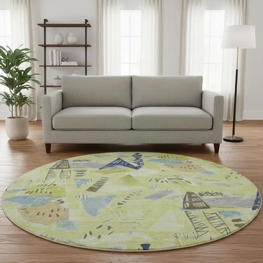 8' X 8' Artichoke Green Blue And Green Geometric Washable Round Rug With UV Protection Photo 2