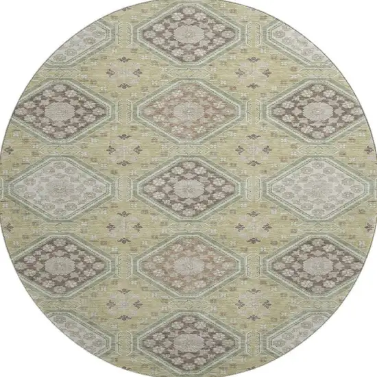8' X 8' Artichoke Green Brown And Ivory Floral Washable Round Rug With UV Protection Photo 3