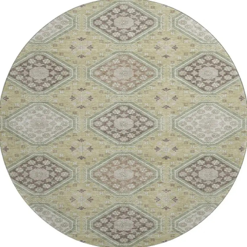8' X 8' Artichoke Green Brown And Ivory Floral Washable Round Rug With UV Protection Photo 3