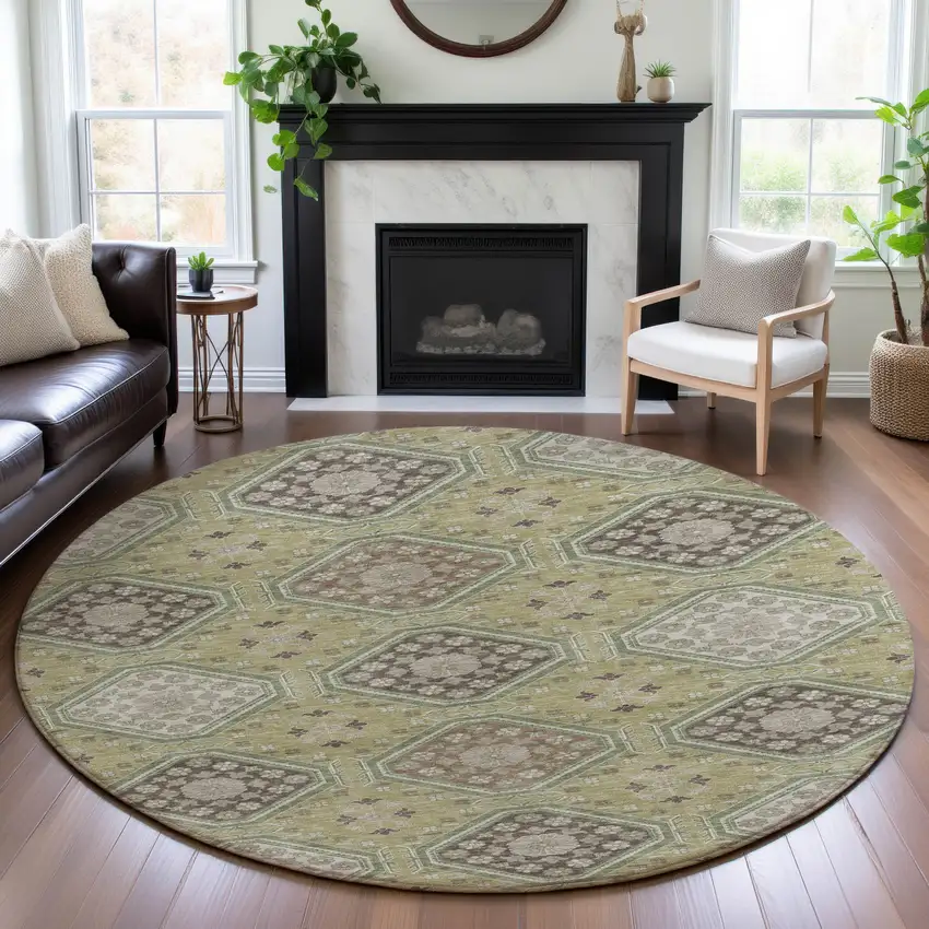 8' X 8' Artichoke Green Brown And Ivory Floral Washable Round Rug With UV Protection Photo 4