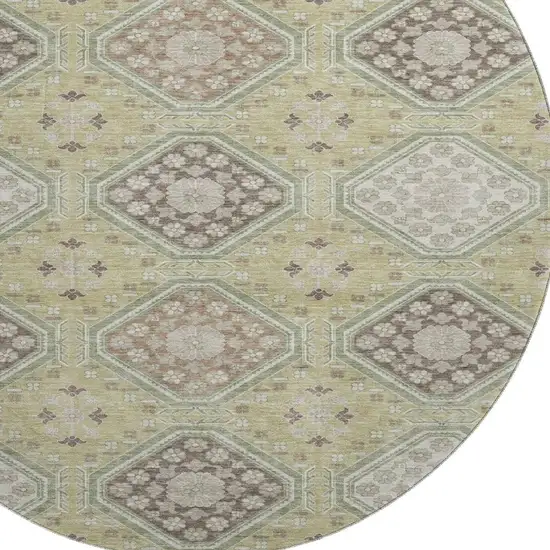 8' X 8' Artichoke Green Brown And Ivory Floral Washable Round Rug With UV Protection Photo 2