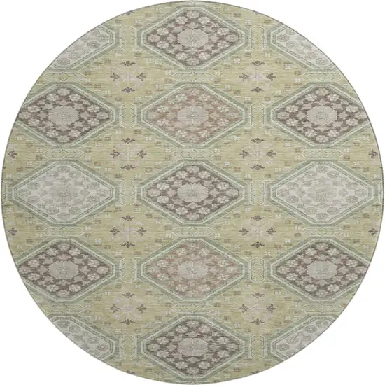 8' X 8' Artichoke Green Brown And Ivory Floral Washable Round Rug With UV Protection Photo 1