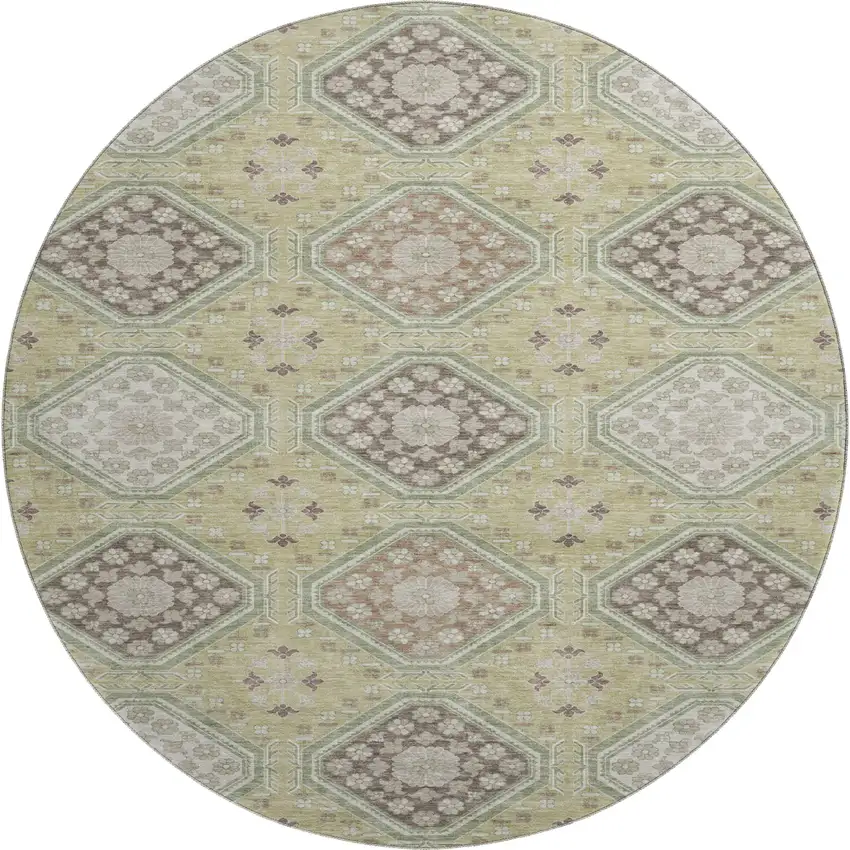 8' X 8' Artichoke Green Brown And Ivory Floral Washable Round Rug With UV Protection Photo 1