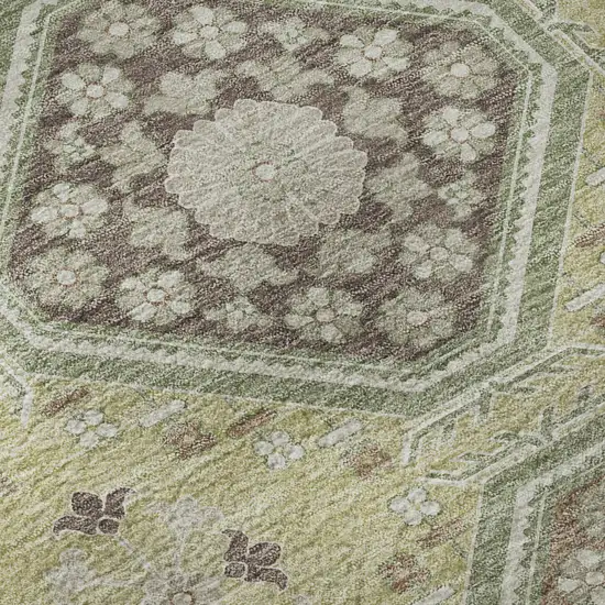 8' X 8' Artichoke Green Brown And Ivory Floral Washable Round Rug With UV Protection Photo 8