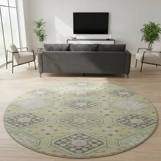 8' X 8' Artichoke Green Brown And Ivory Floral Washable Round Rug With UV Protection Photo 2