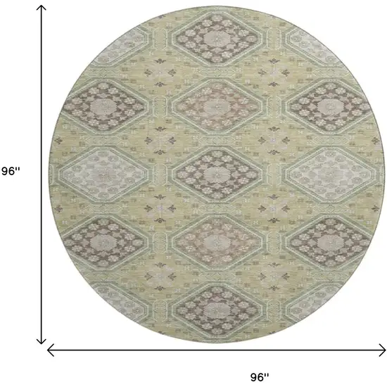 8' X 8' Artichoke Green Brown And Ivory Floral Washable Round Rug With UV Protection Photo 9