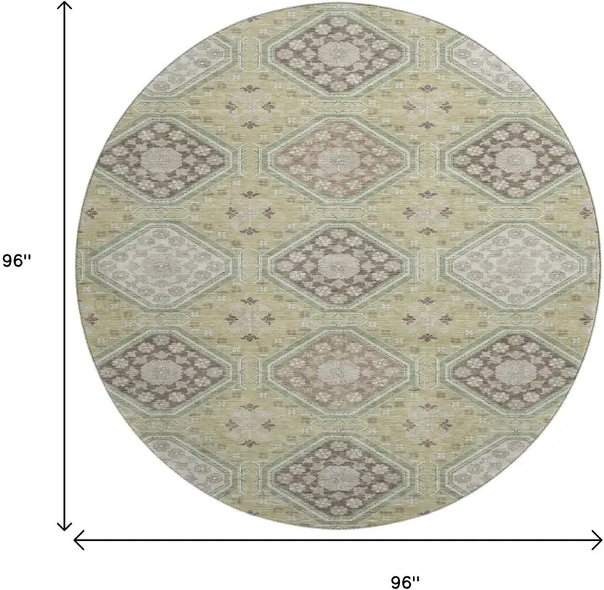 8' X 8' Artichoke Green Brown And Ivory Floral Washable Round Rug With UV Protection Photo 9