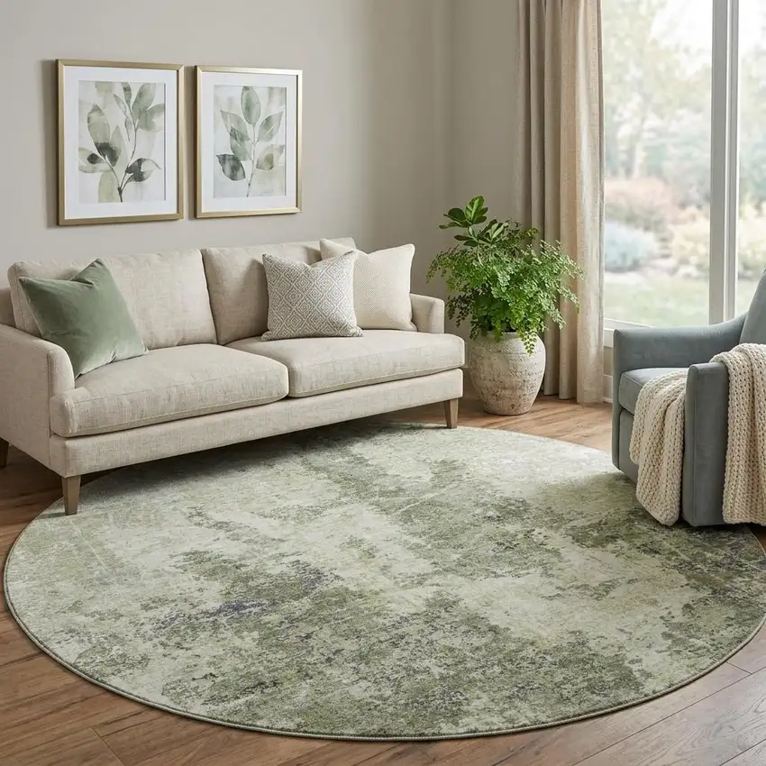 8' X 8' Artichoke Green Charcoal And Ivory Abstract Washable Round Rug With UV Protection Photo 1