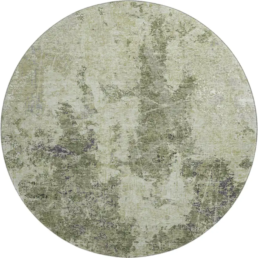 8' X 8' Artichoke Green Charcoal And Ivory Abstract Washable Round Rug With UV Protection Photo 1