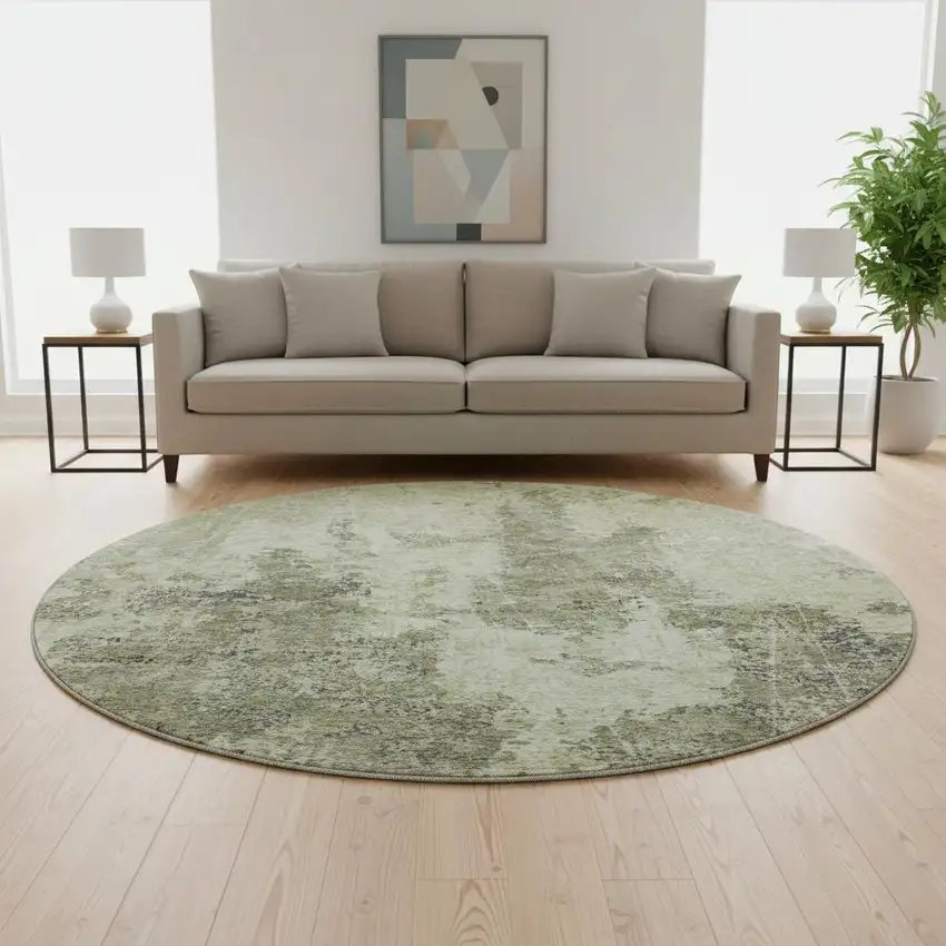 8' X 8' Artichoke Green Charcoal And Ivory Abstract Washable Round Rug With UV Protection Photo 2