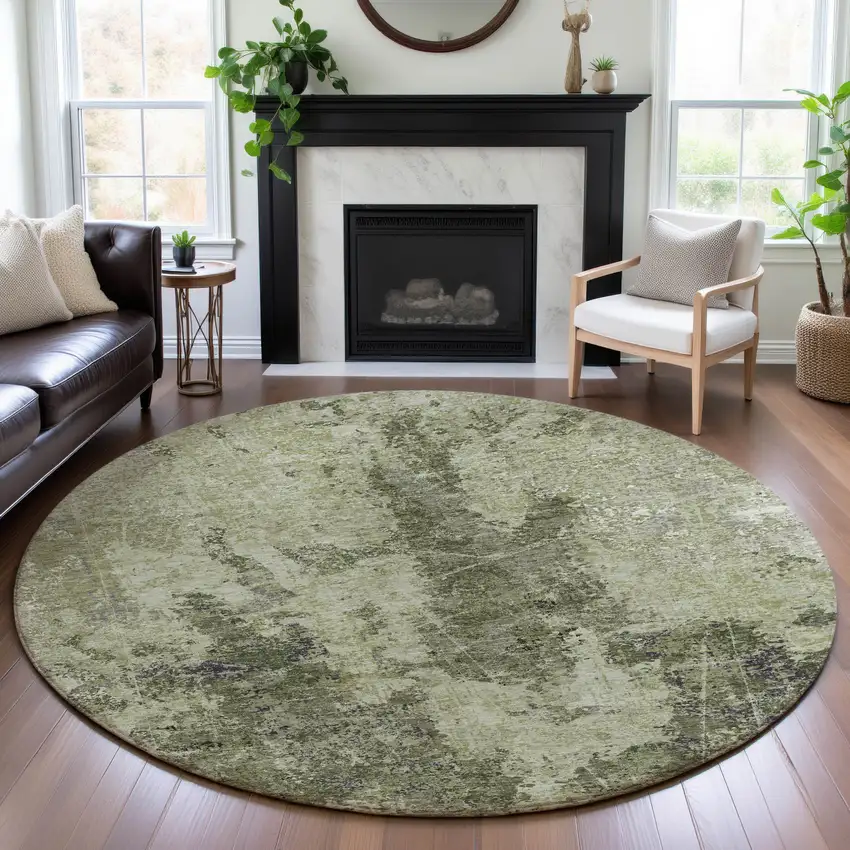 8' X 8' Artichoke Green Charcoal And Ivory Abstract Washable Round Rug With UV Protection Photo 4
