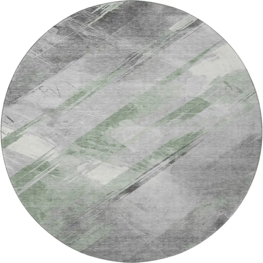 8' X 8' Artichoke Green Charcoal And Ivory Striped Washable Round Rug With UV Protection Photo 2