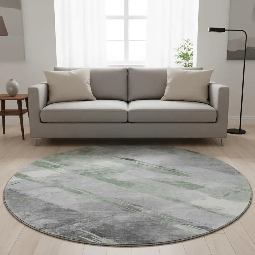 8' X 8' Artichoke Green Charcoal And Ivory Striped Washable Round Rug With UV Protection Photo 2