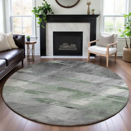 8' X 8' Artichoke Green Charcoal And Ivory Striped Washable Round Rug With UV Protection Photo 3
