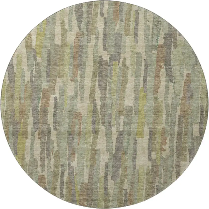 8' X 8' Artichoke Green Copper And Beige Striped Washable Round Rug With UV Protection Photo 3