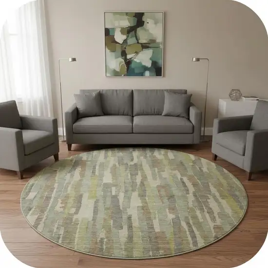 8' X 8' Artichoke Green Copper And Beige Striped Washable Round Rug With UV Protection Photo 2