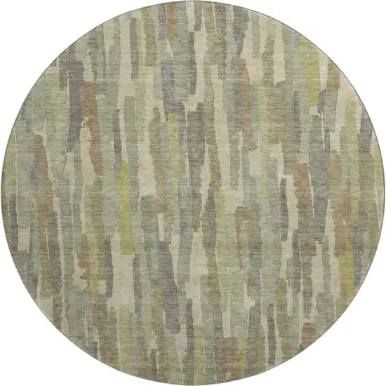 8' X 8' Artichoke Green Copper And Beige Striped Washable Round Rug With UV Protection Photo 1