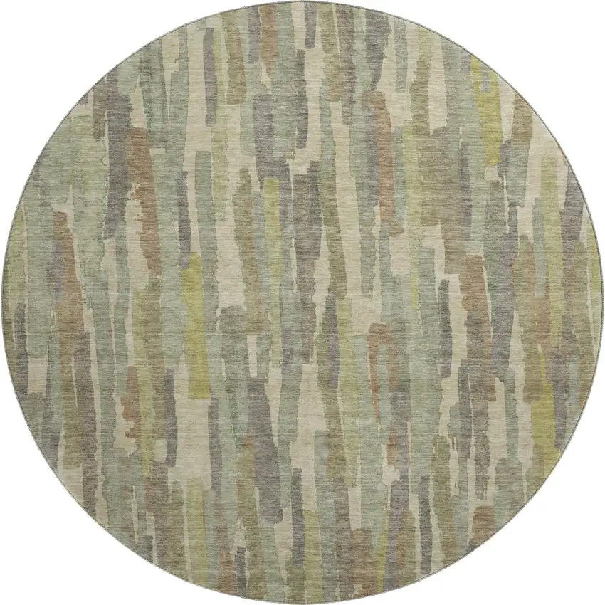 8' X 8' Artichoke Green Copper And Beige Striped Washable Round Rug With UV Protection Photo 1