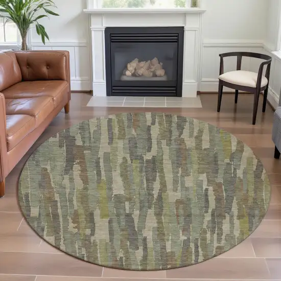 8' X 8' Artichoke Green Copper And Beige Striped Washable Round Rug With UV Protection Photo 4