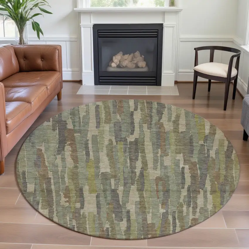 8' X 8' Artichoke Green Copper And Beige Striped Washable Round Rug With UV Protection Photo 4