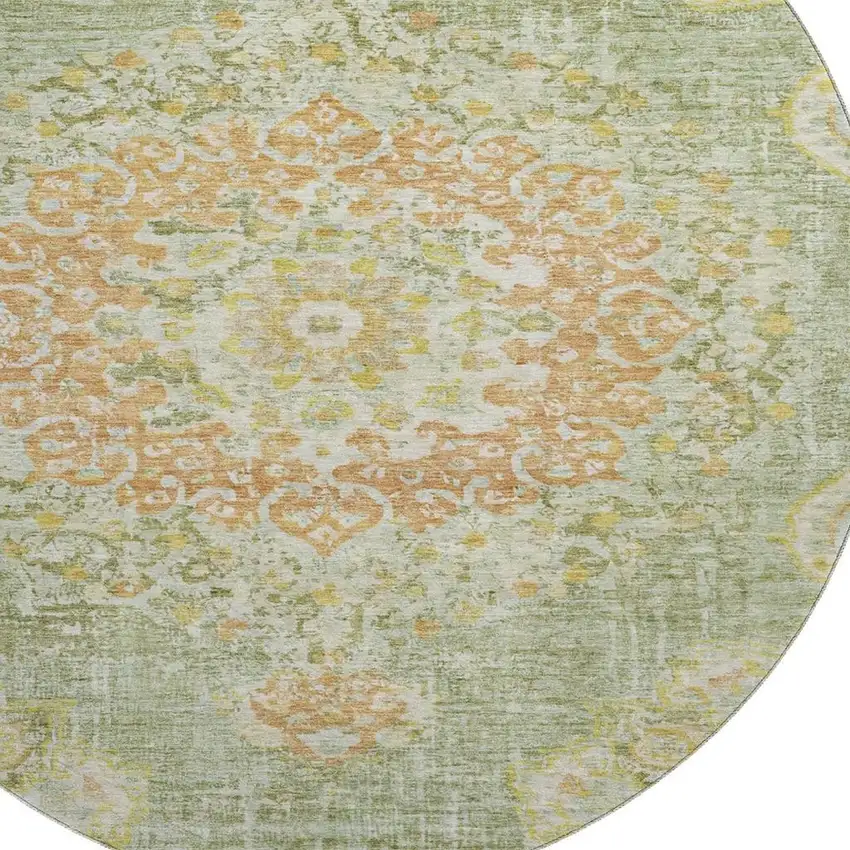 8' X 8' Artichoke Green Copper And Gold Floral Washable Round Rug With UV Protection Photo 2