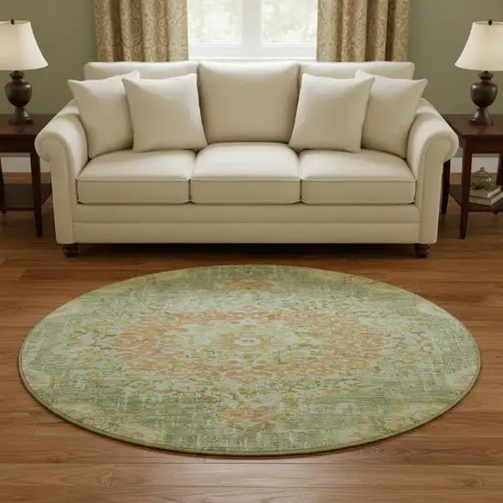 8' X 8' Artichoke Green Copper And Gold Floral Washable Round Rug With UV Protection Photo 2