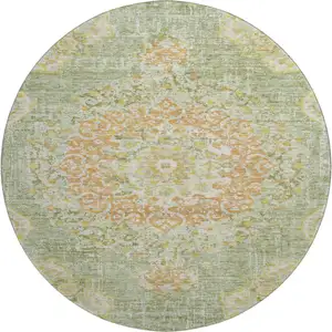 Photo of 8' X 8' Artichoke Green Copper And Gold Floral Washable Round Rug With UV Protection